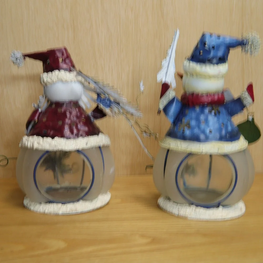 Vtg Metal & Frosted Glass Santa and Snowman Tea Light Holders Christmas Set of 2